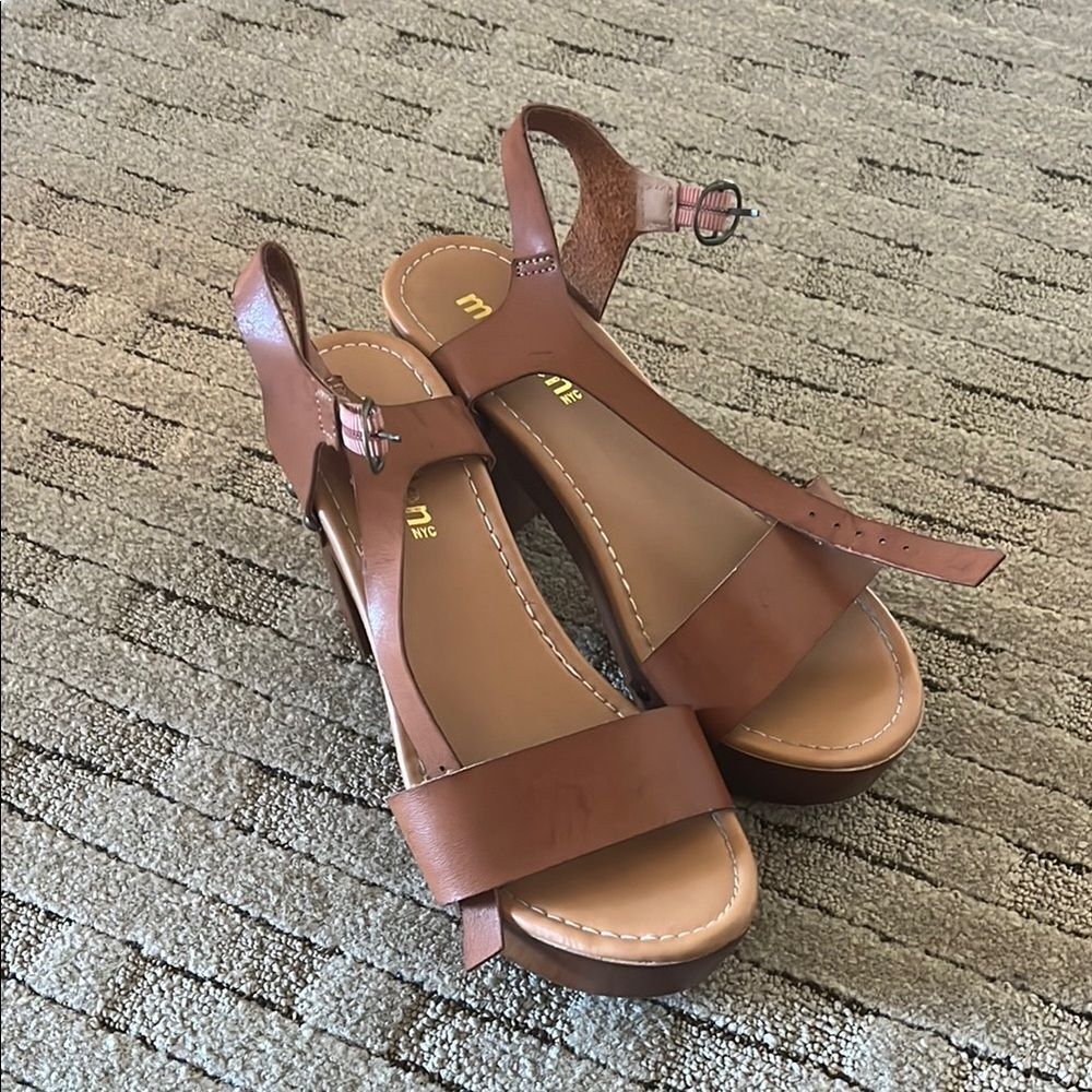 Madden Girl Wedge Sandals Ankle Strap Leather Look Brown Womens Size 7